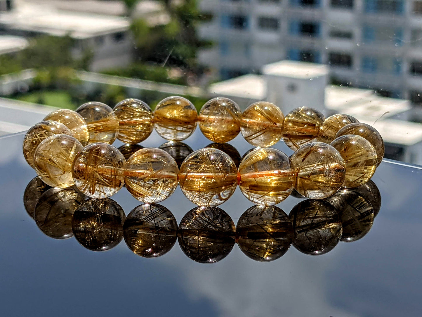 227.6 Cts. Gold Rutilated Quartz Bead Bracelet for Men 12mm