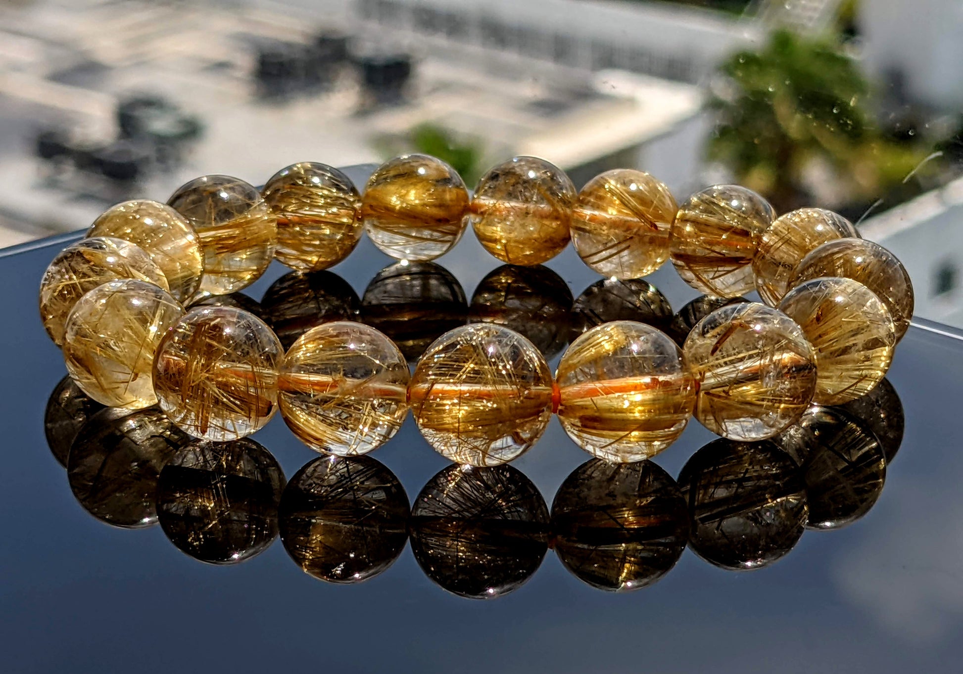 Gold Rutilated Quartz Bead Bracelet Men 12mm – Rayón
