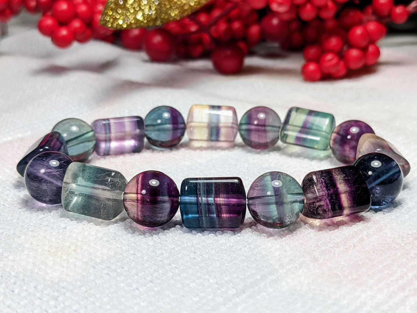 New! 3A FLUORITE Sphere & Column bead bracelet for MEN Stretch 12mm