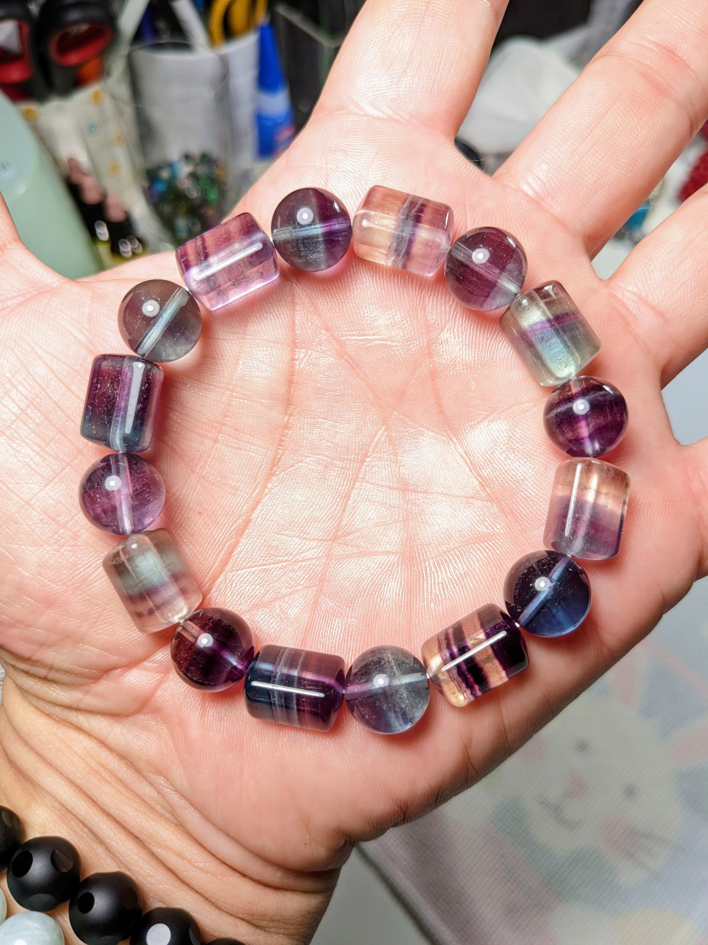 New! 3A FLUORITE Sphere & Column bead bracelet for MEN Stretch 12mm