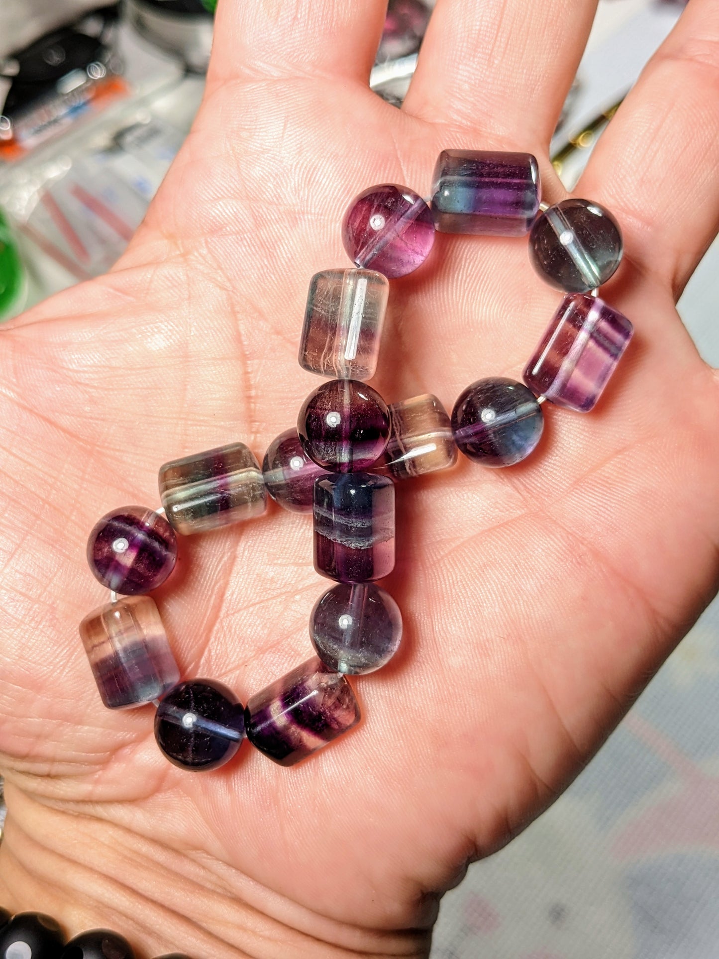 New! 3A FLUORITE Sphere & Column bead bracelet for MEN Stretch 12mm