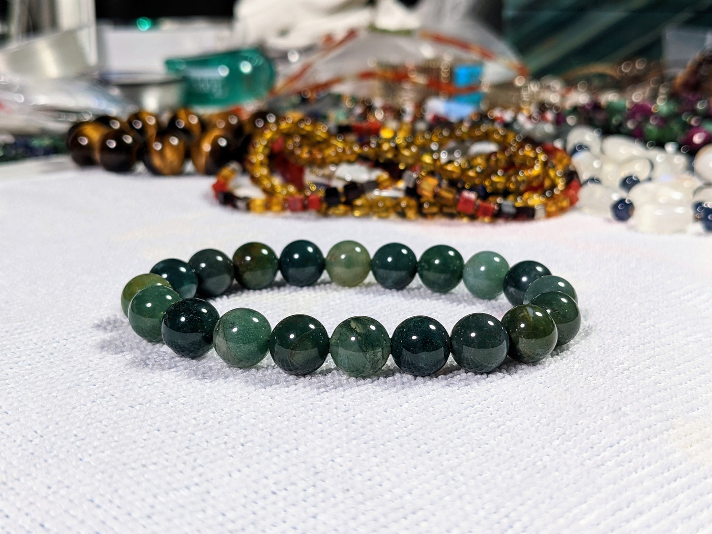 Phenomenal Forest Green! 100% Natural Moss Agate Bead Bracelet for Men 10mm