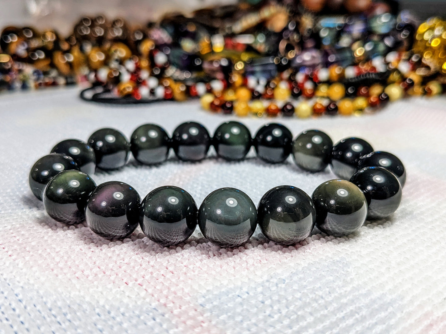 Green Iridescent Obsidian Bead Bracelet for Men 12mm