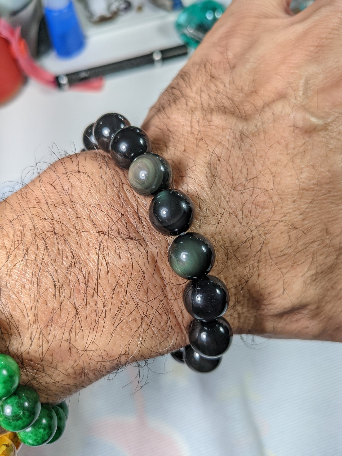 Green Iridescent Obsidian Bead Bracelet for Men 12mm