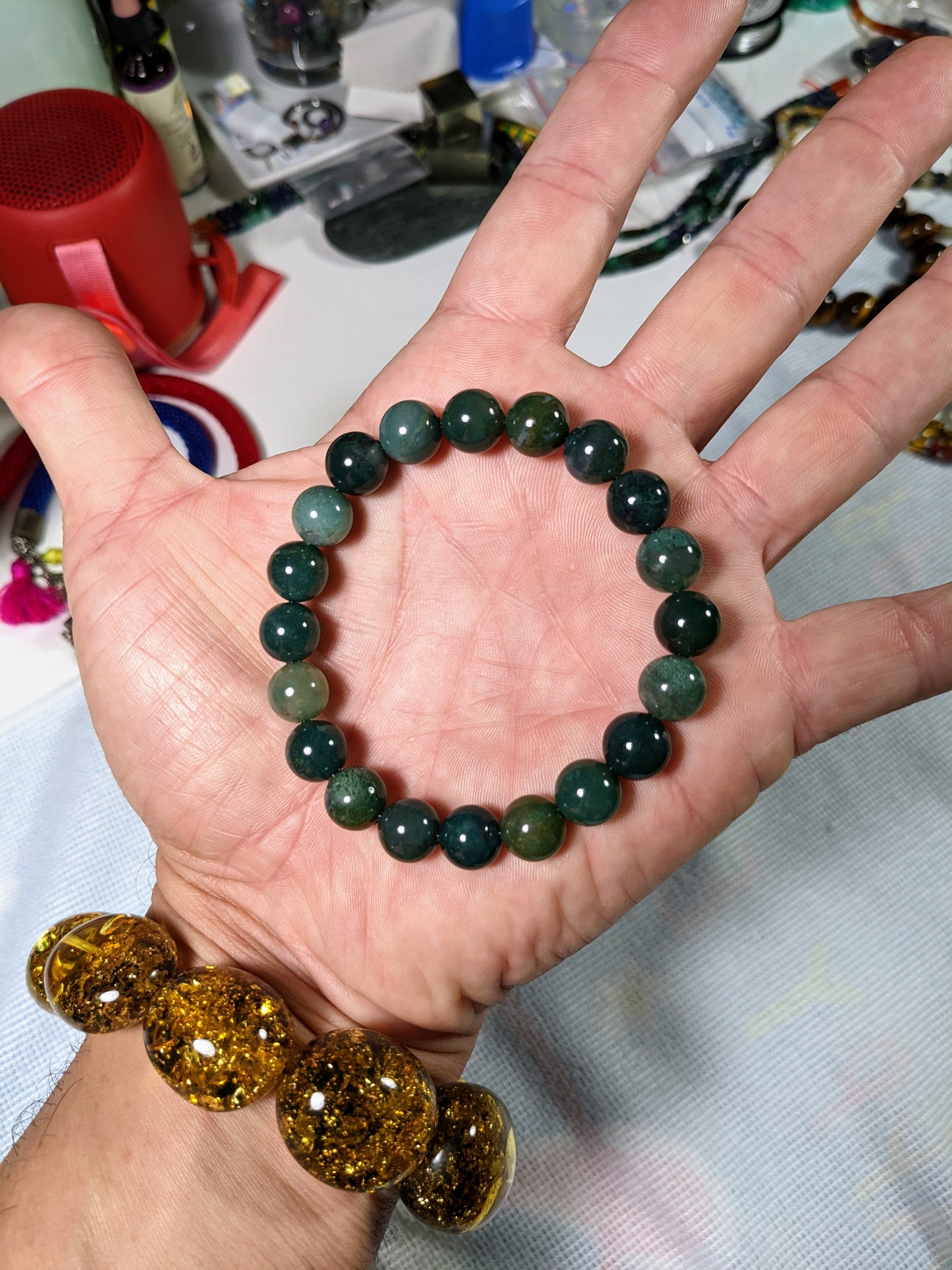 Phenomenal Forest Green! 100% Natural Moss Agate Bead Bracelet for Men 10mm