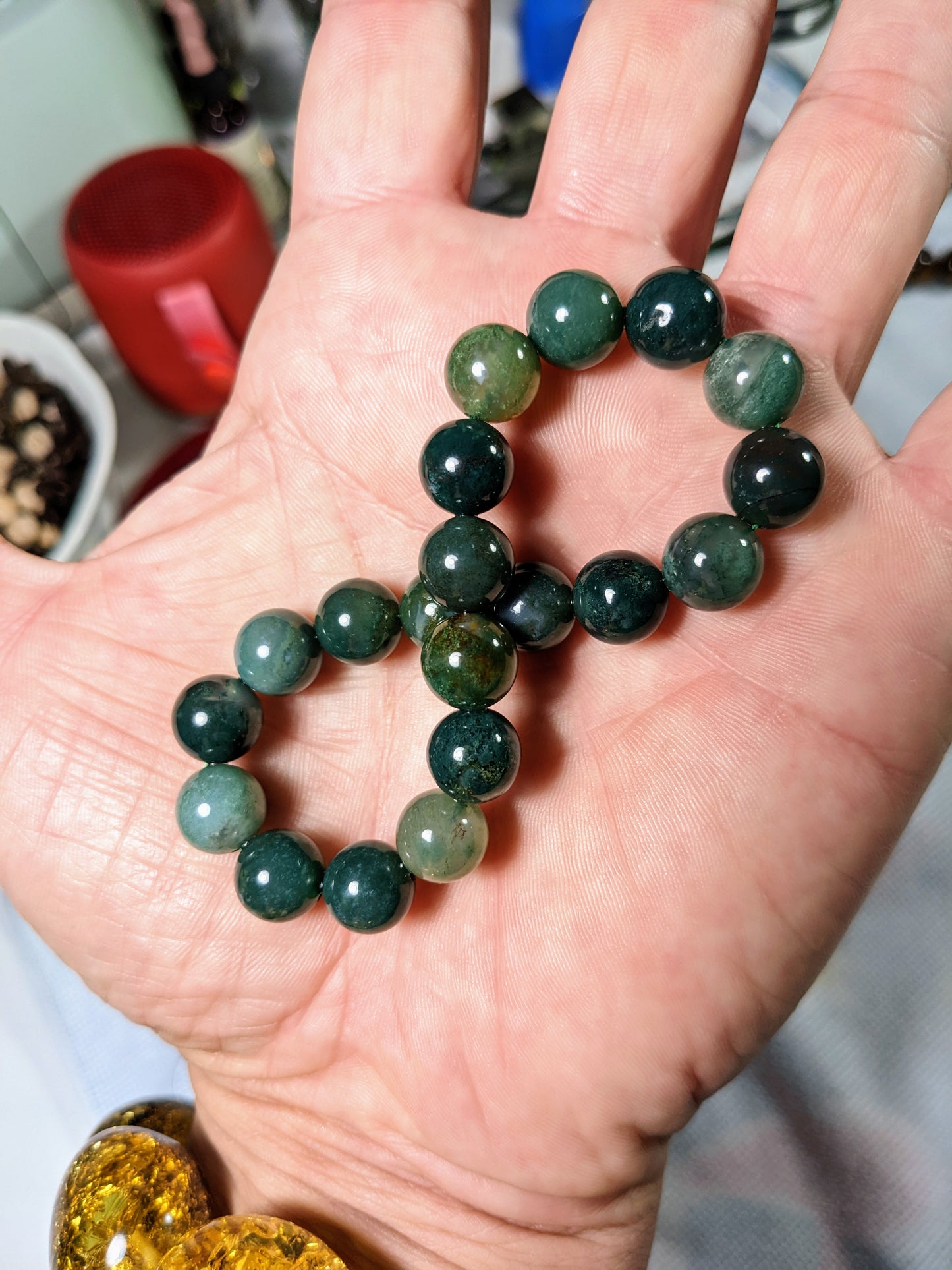 Phenomenal Forest Green! 100% Natural Moss Agate Bead Bracelet for Men 10mm