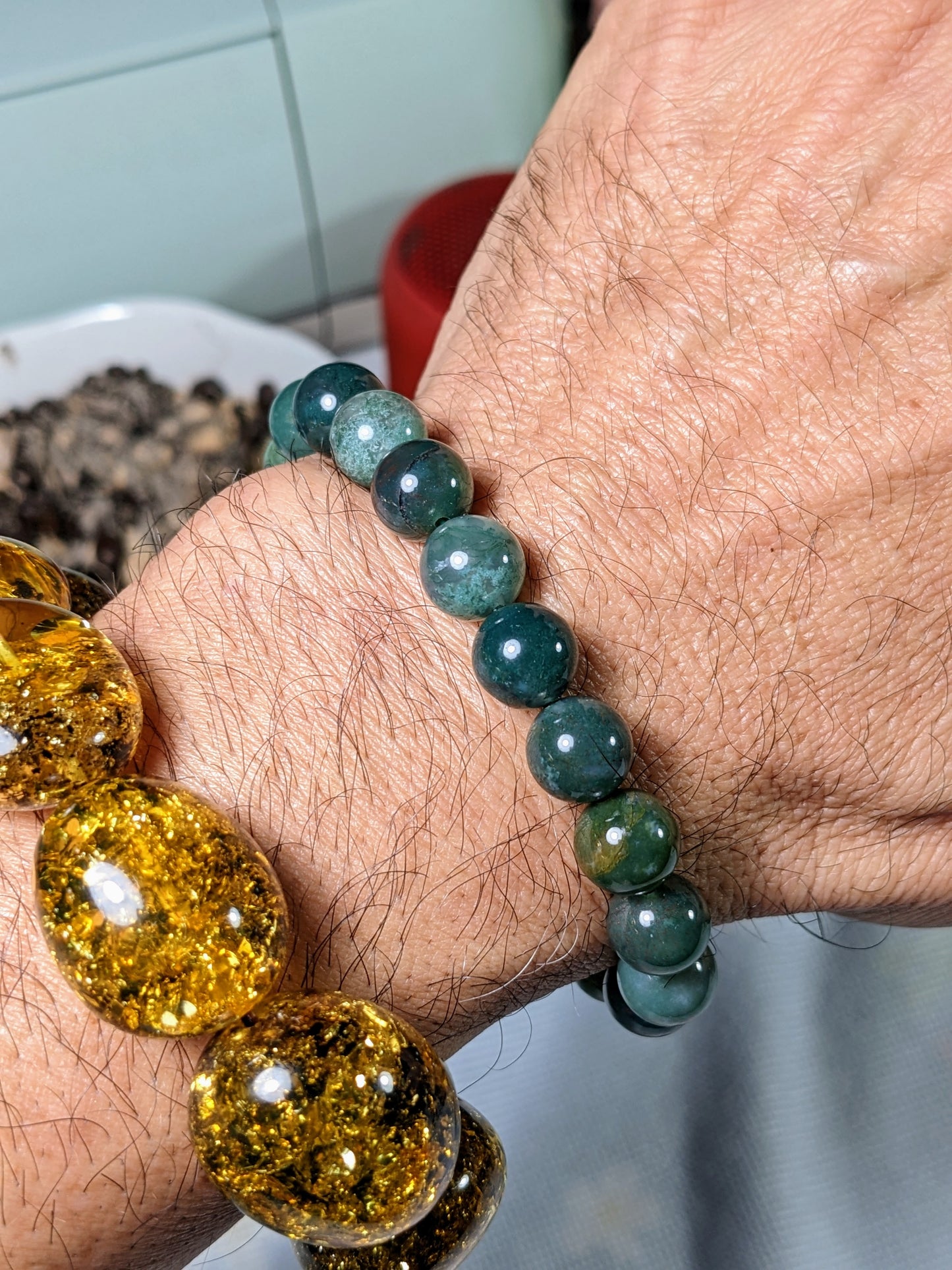 Phenomenal Forest Green! 100% Natural Moss Agate Bead Bracelet for Men 10mm