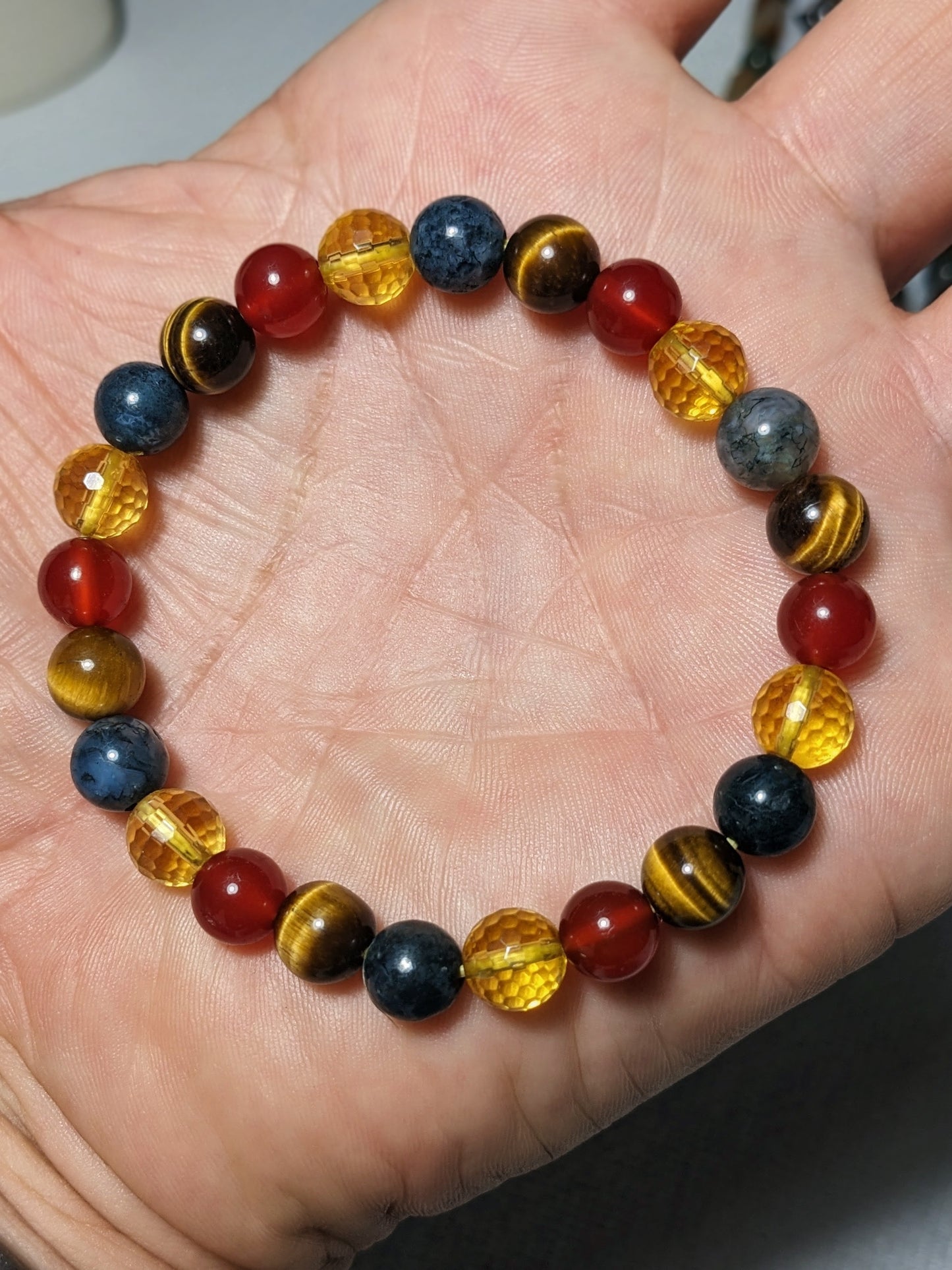 Citrine, Moss Agate, Carnelian, and Tiger Eye bead bracelet, 8mm, Men 8-inch size