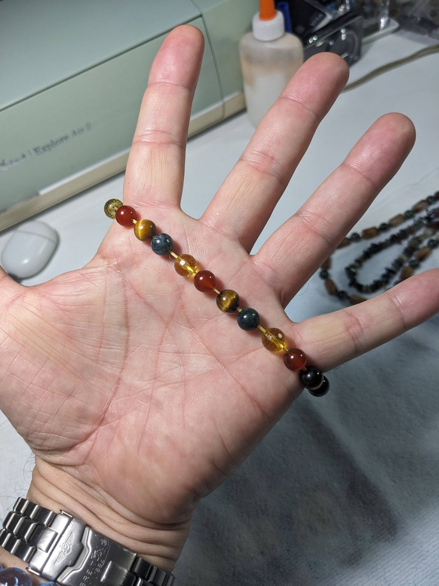 Citrine, Moss Agate, Carnelian, and Tiger Eye bead bracelet, 8mm, Men 8-inch size