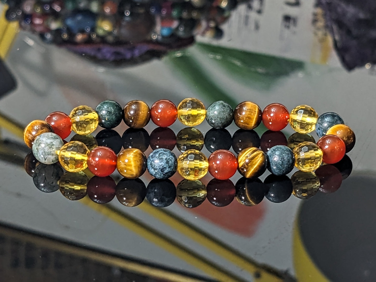 Citrine, Moss Agate, Carnelian, and Tiger Eye bead bracelet, 8mm, Men 8-inch size
