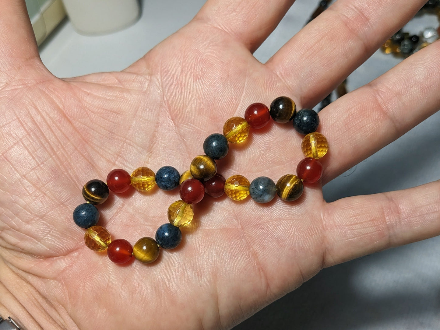 Citrine, Moss Agate, Carnelian, and Tiger Eye bead bracelet, 8mm, Men 8-inch size