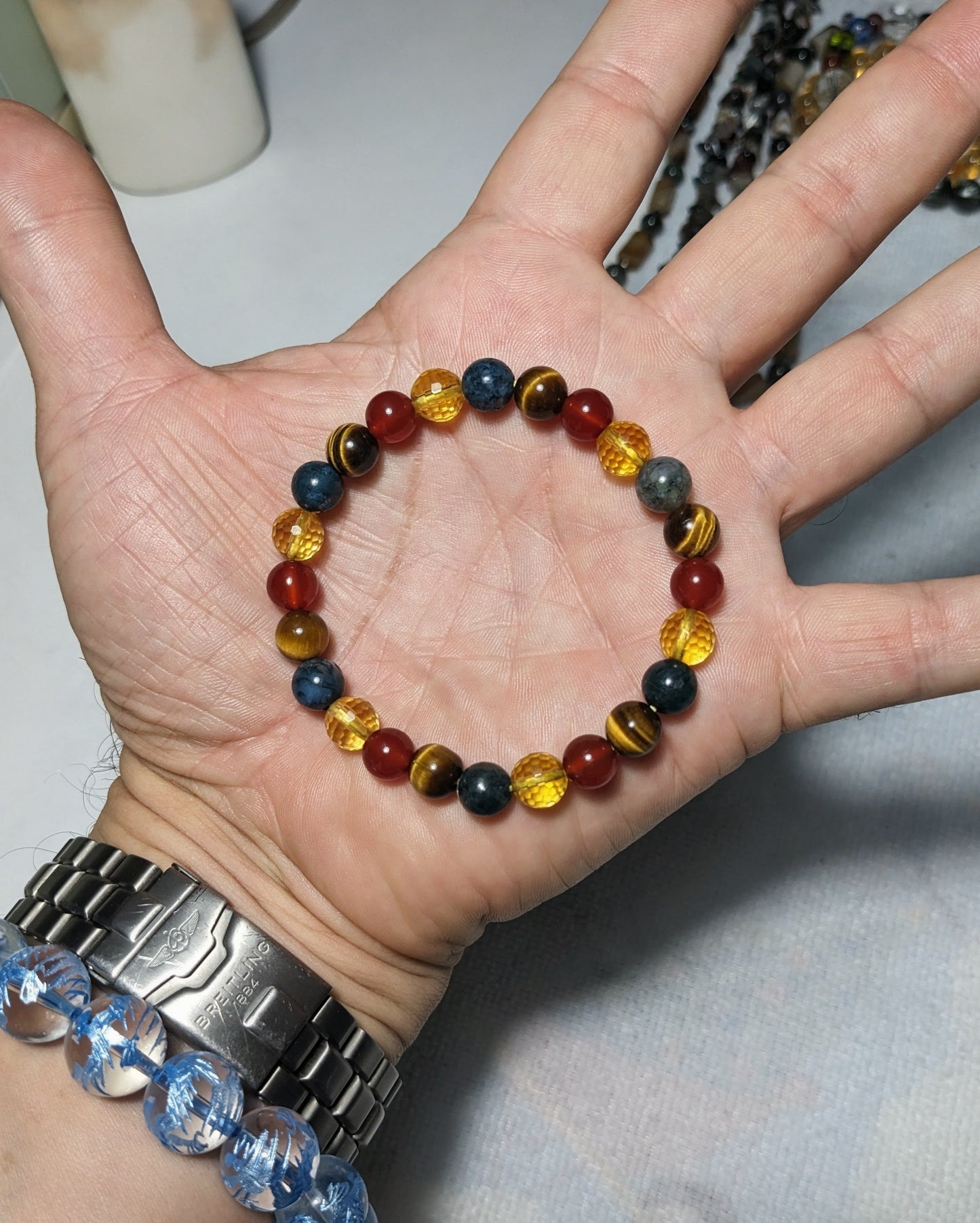 Citrine, Moss Agate, Carnelian, and Tiger Eye bead bracelet, 8mm, Men 8-inch size