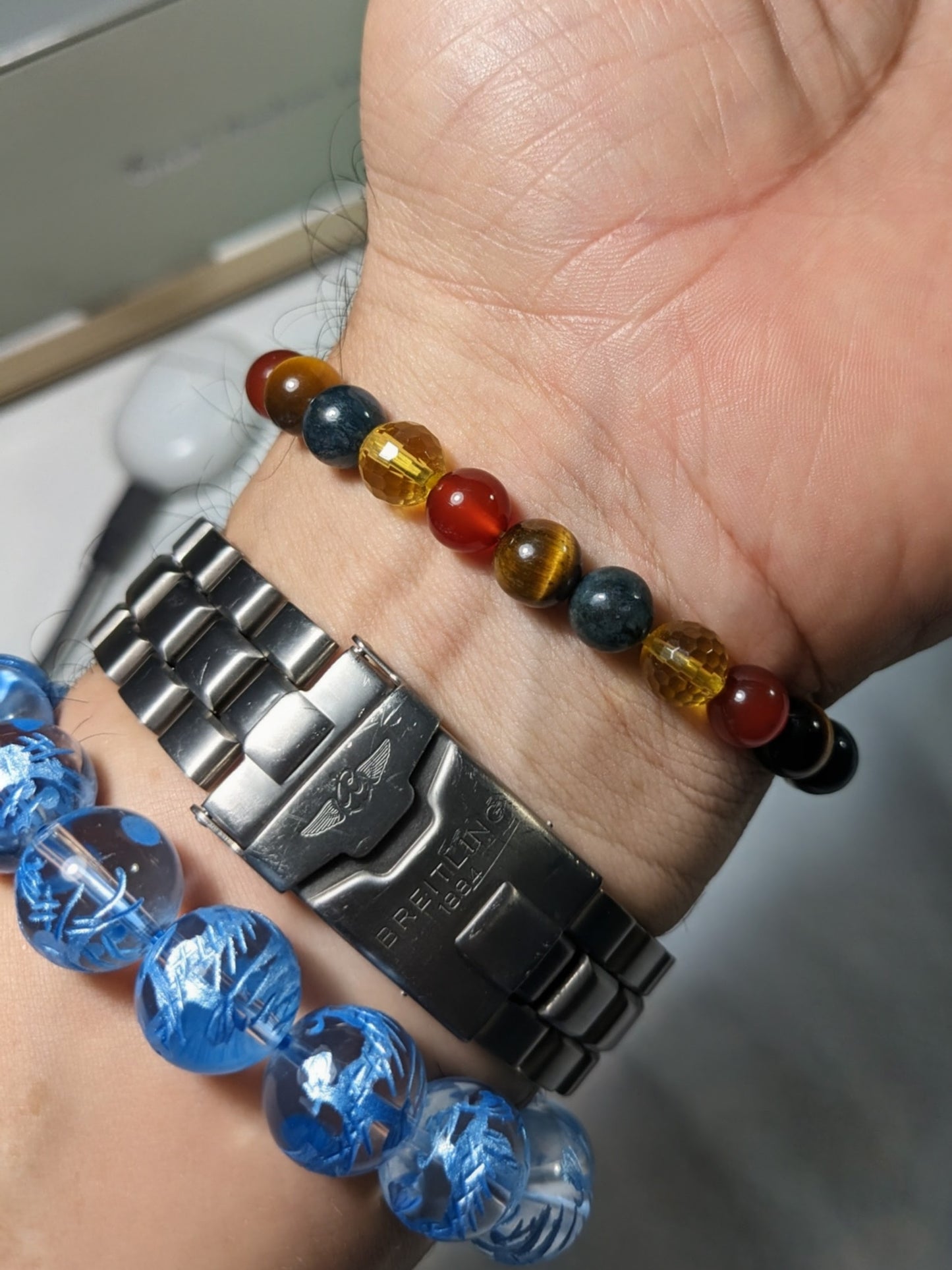 Citrine, Moss Agate, Carnelian, and Tiger Eye bead bracelet, 8mm, Men 8-inch size